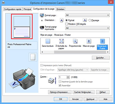 figure&nbsp;: Affichage de l'aperçu des paramètres dans l'onglet Configuration de la page