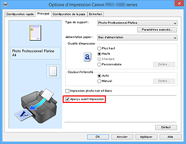 figure&nbsp;: Case à cocher Aperçu avant impression dans l'onglet Principal
