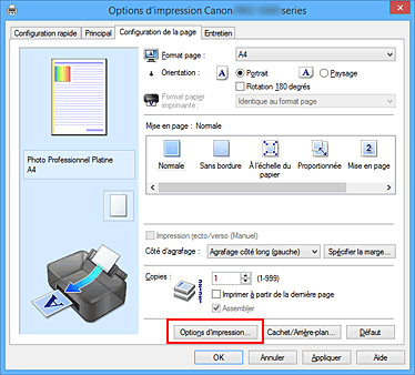 figure&nbsp;: Options d'impression... dans l'onglet Configuration de la page