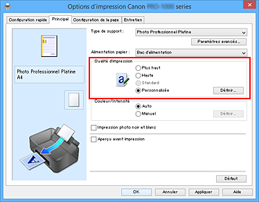 figure&nbsp;: Dans l'onglet Principal, sélectionnez Personnalisée pour Qualité d'impression
