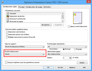 figure&nbsp;: Qualité d'impression dans l'onglet Configuration rapide