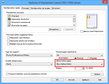 figure&nbsp;: Alimentation papier dans l'onglet Configuration rapide