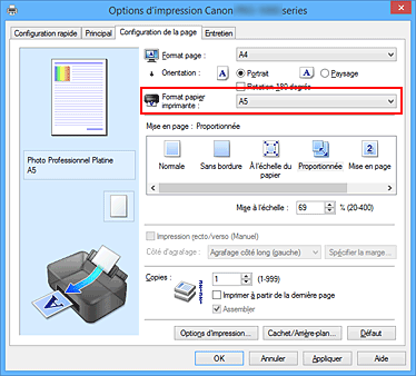 figure&nbsp;: Format papier imprimante dans l'onglet Configuration de la page