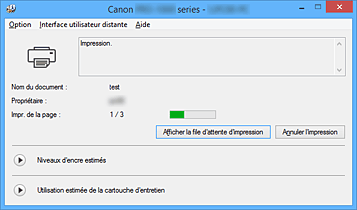 figure&nbsp;: Écran d'état d'imprimante Canon IJ