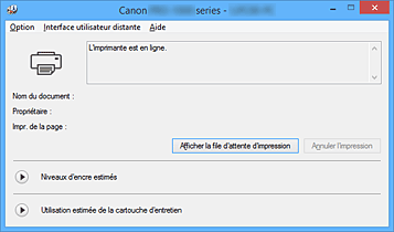 figure&nbsp;: Écran d'état d'imprimante Canon IJ
