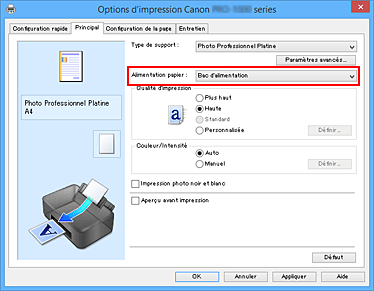 figure&nbsp;: Alimentation papier dans l'onglet Principal