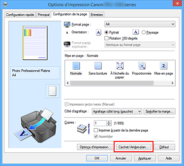 figure&nbsp;: Cachet/Arrière-plan... dans l'onglet Configuration de la page
