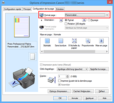 figure&nbsp;: Sélectionnez Personnalisé pour Format page dans l'onglet Configuration de la page.