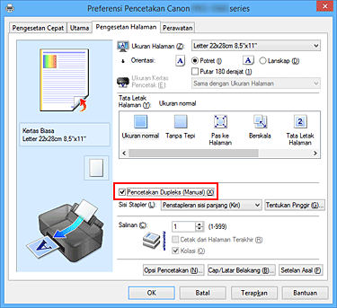 gambar: Kotak centang Pencetakan Dupleks (Manual) pada tab Pengesetan Halaman