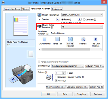 gambar: Ukuran Kertas Pencetak pada tab Pengesetan Halaman