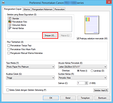 gambar: Simpan... pada tab Pengesetan Cepat