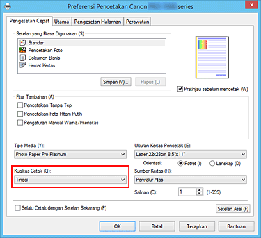 gambar: Kualitas Cetak pada tab Pengesetan Cepat