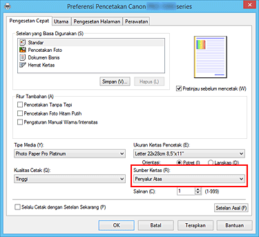 gambar: Sumber Kertas pada tab Pengesetan Cepat