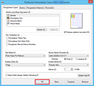 gambar: OK pada tab Pengesetan Cepat