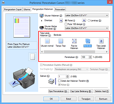 gambar: Pilih Berskala untuk Tata Letak Halaman pada tab Pengesetan Halaman