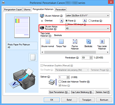 gambar: Ukuran Kertas Pencetak pada tab Pengesetan Halaman