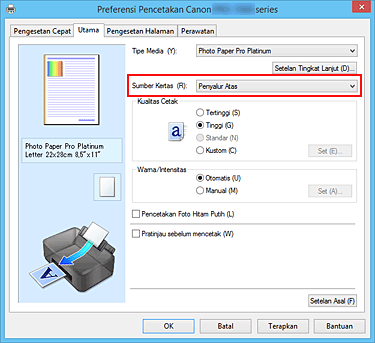 gambar: Sumber Kertas pada tab Utama