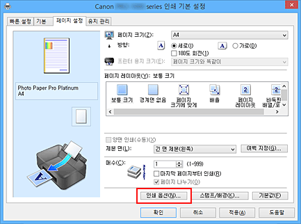 그림: [페이지 설정] 탭의 [인쇄 옵션...]