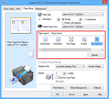 figura: Selecione Layout de Página para Layout de Página na guia Configurar Página