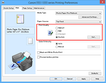 figure:Select on the Main tab, select Custom for Print Quality