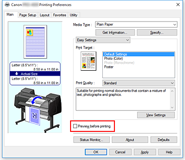 figure:Preview before printing check box on the Main tab