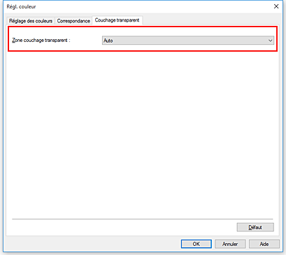 figure : Zone couchage transparent dans la boîte de dialogue Réglage des couleurs manuel