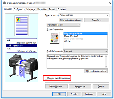 figure&nbsp;: Case à cocher Aperçu avant impression dans l'onglet Principal