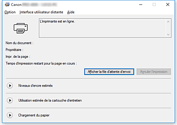 figure&nbsp;: Écran d'état d'imprimante Canon IJ