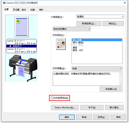 插图：“主要”选项卡上的“打印前预览”复选框