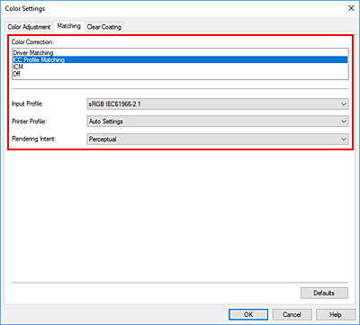 figure:Select ICC Profile Matching for Color Correction in the Manual Color Adjustment dialog box