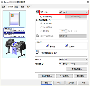 插图：在“页设置”选项卡上将“页尺寸”选择为“用户定义”