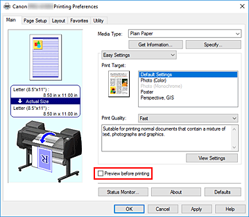 figure:Preview before printing check box on the Main tab