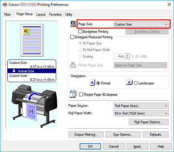 figure:Select Custom for Page Size on the Page Setup tab