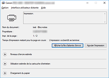 figure : Écran d'état d'imprimante Canon IJ