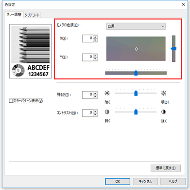 図：［マニュアル色調整］ダイアログボックスの［モノクロ色調］