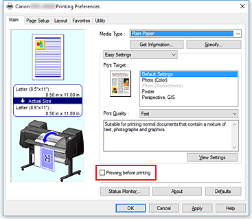 figure:Preview before printing check box on the Main tab