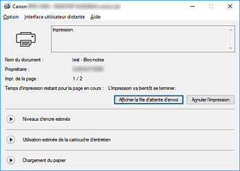 figure&nbsp;: Écran d'état d'imprimante Canon IJ