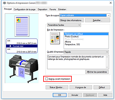 figure&nbsp;: Case à cocher Aperçu avant impression dans l'onglet Principal