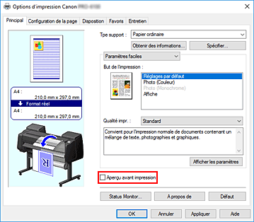 figure&nbsp;: Case à cocher Aperçu avant impression dans l'onglet Principal