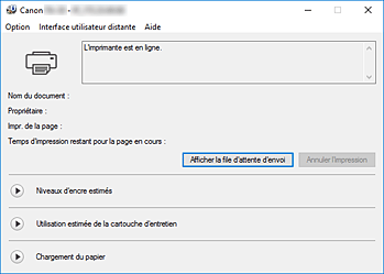 figure&nbsp;: Écran d'état d'imprimante Canon IJ