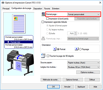 figure&nbsp;: Sélectionnez Personnalisé pour Format page dans l'onglet Configuration de la page.