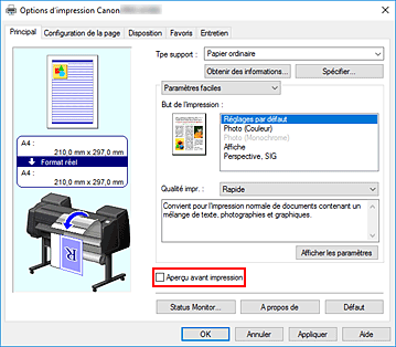 figure&nbsp;: Case à cocher Aperçu avant impression dans l'onglet Principal