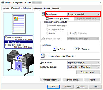 figure&nbsp;: Sélectionnez Personnalisé pour Format page dans l'onglet Configuration de la page.