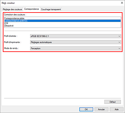 figure : Sélectionnez Correspondance profil ICC pour Correction des couleurs dans la boîte de dialogue Réglage des couleurs