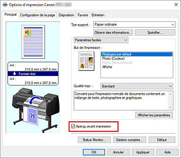 figure : Case à cocher Aperçu avant impression dans l'onglet Principal