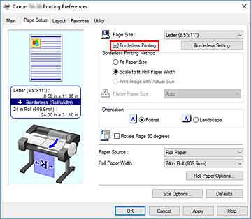 behandle Gepard Samuel Canon : imagePROGRAF Manuals : TA-20 : Printing without Margins to Match  Paper Size