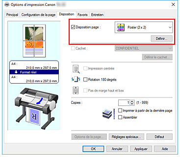 Figure : sélectionnez la mise en page Poster (1 x 2) ou Poster (2 x 2) dans l'onglet Configuration de la page