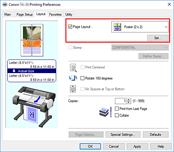 figura:Selecione Pôster (1 x 2) ou Pôster (2 x 2) para Layout da Página na guia Configurar Página
