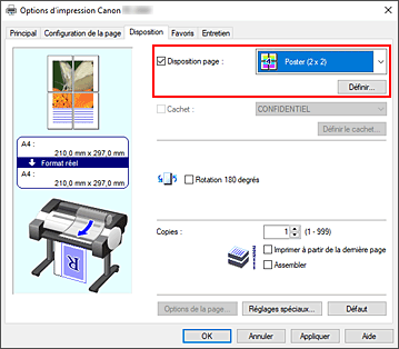 Figure : sélectionnez la mise en page Poster (1 x 2) ou Poster (2 x 2) dans l'onglet Configuration de la page