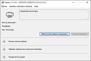 figure : Écran d'état d'imprimante Canon IJ